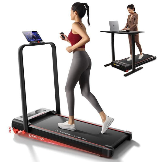 RHYTHM FUN 2-In-1 Incline Foldable Treadmill under Desk Treadmill with Stand for Home & Office 300Lbs Running Jogging Machine with Remote Control LED Display App